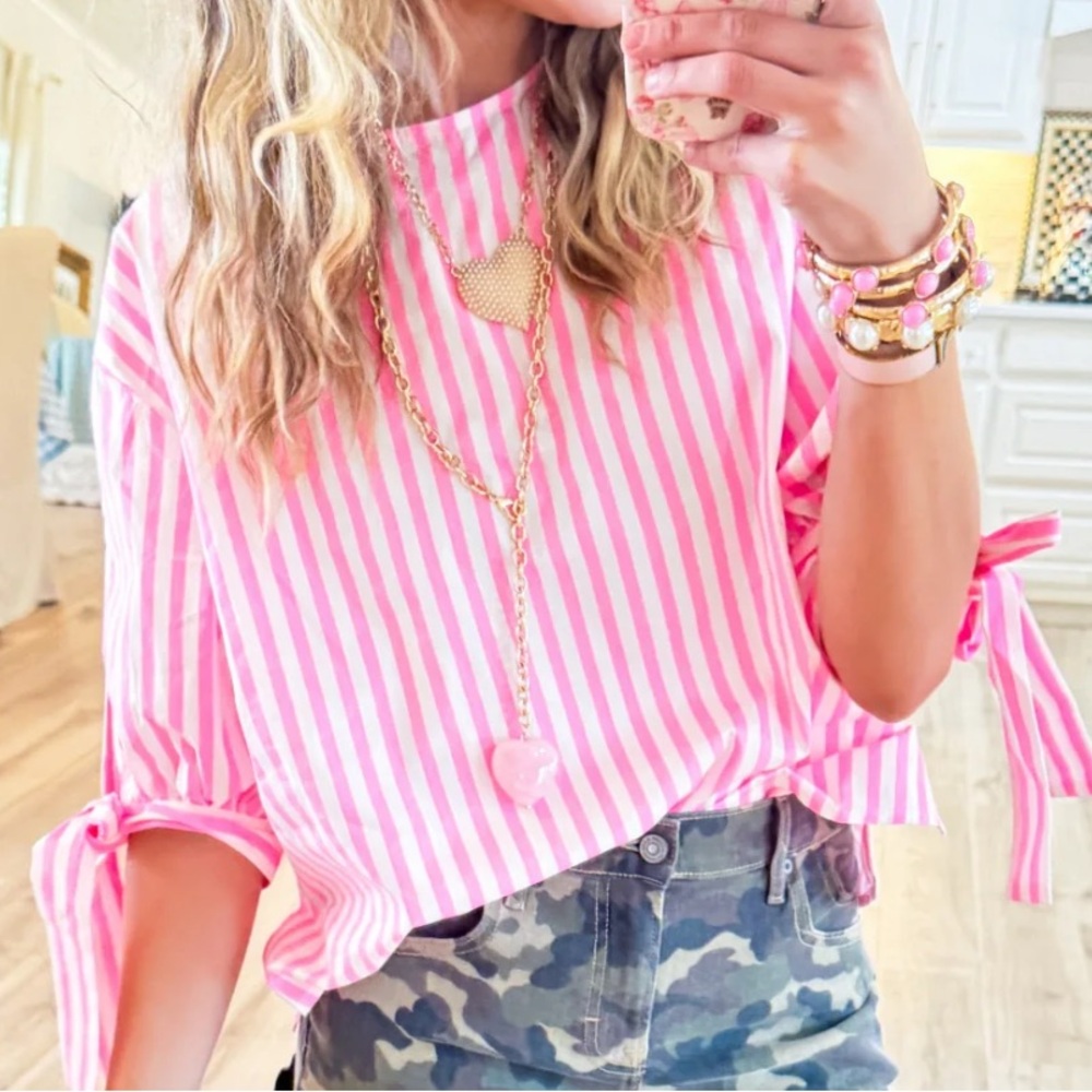 Pink Striped Bow-Tie Sleeve Women's Top